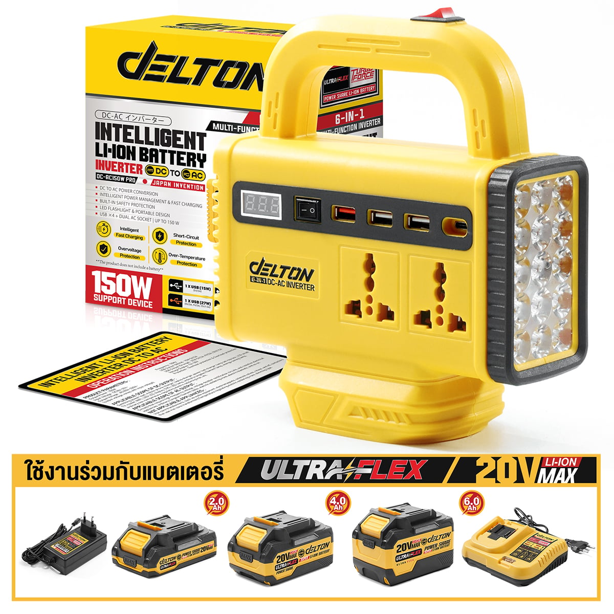 หัวแปลงปลั๊กไฟ (เฉพาะเครื่องเปล่า) DELTON รุ่น DC-AC150W-PRO 20V